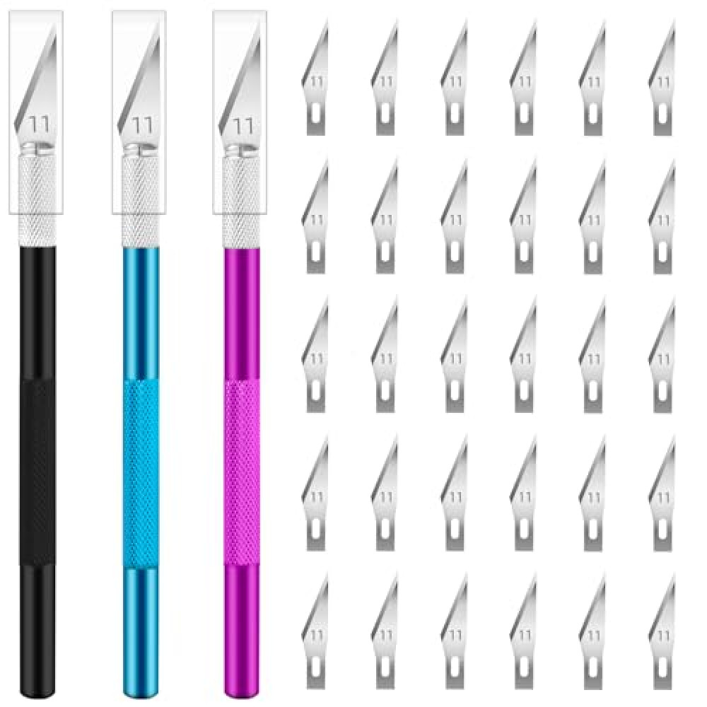 JETMORE Exacto Knife, 3 Exacto Knives with 30 Exacto Blades #11, Craft Knife, Hobby Knife, Precision Knife, Exacto Knife Set for Crafts, Arts, Modeling, Scrapbooking (Purple-Blue-Black)