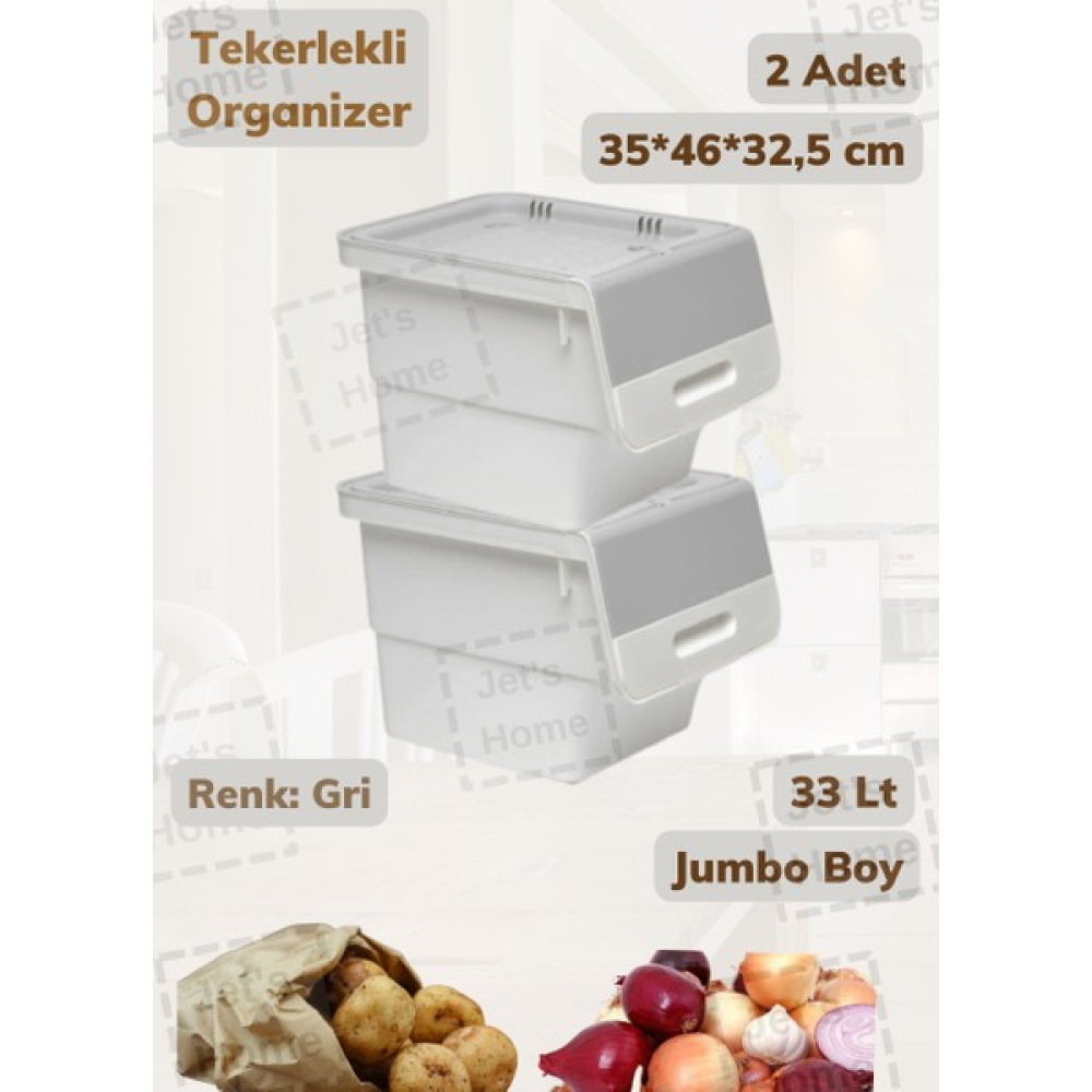 Jet’s Home 2’li Jumbo Boy Organizer Kutu Tekerlekli Patateslik Soğanlık Sepeti Gri 33 Lt - 1 Adet Saklama Kapları Fiyatı