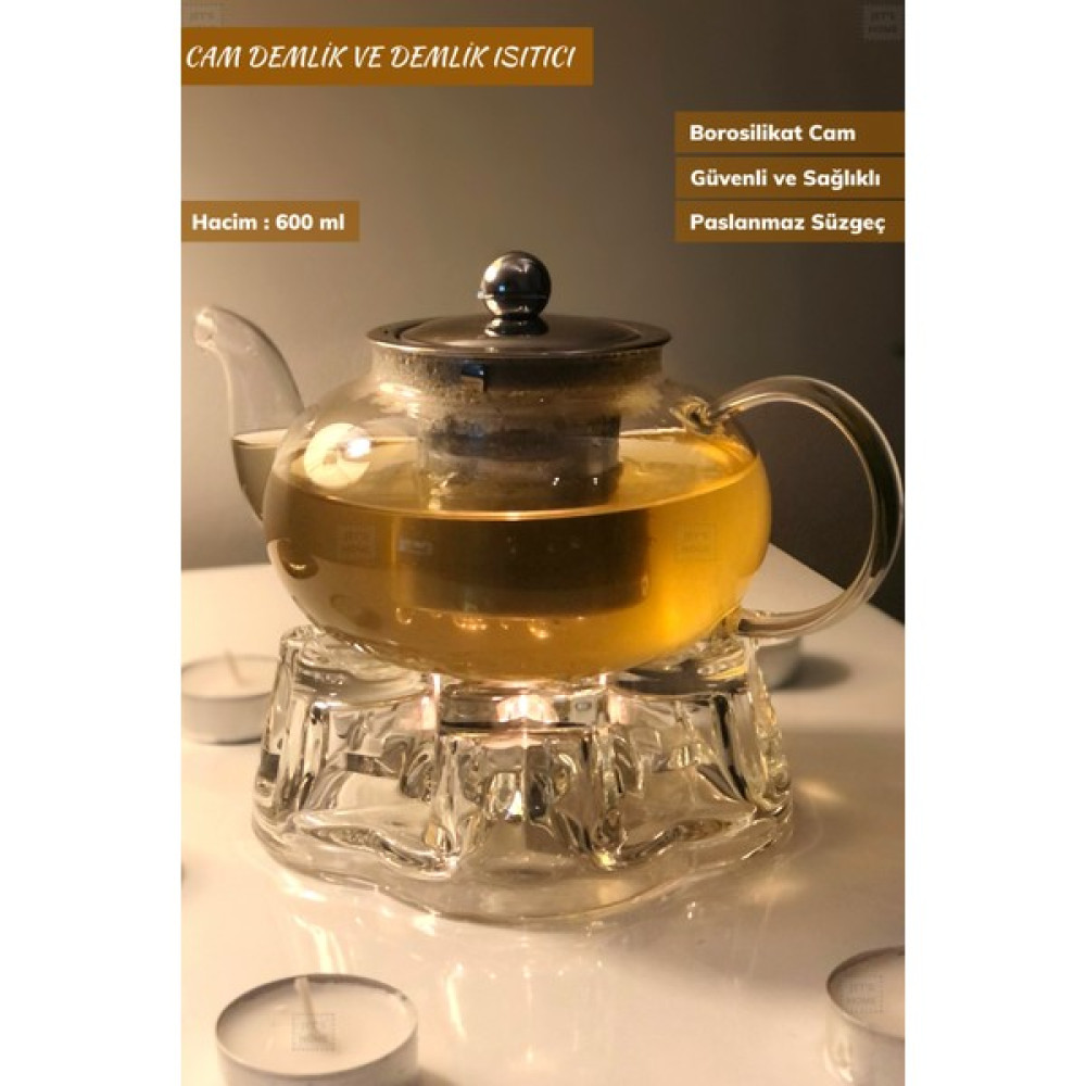 Jet’s Home 2’li Set Cam Demlik ve Cam Isıtıcı Süzgeçli Demlik 600 ml Bitki Çayı Demliği Borasilikat Çay / Çaydanlık Setleri Fiyatı