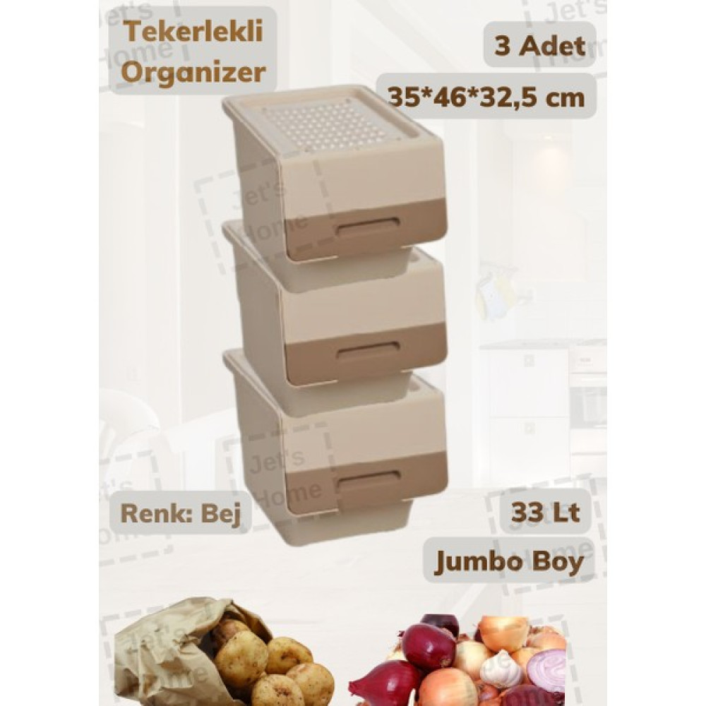 Jet’s Home 3’lü Jumbo Boy Organizer Kutu Tekerlekli Patateslik Soğanlık Sepeti Bej 33 Lt - 1 Adet Saklama Kapları Fiyatı