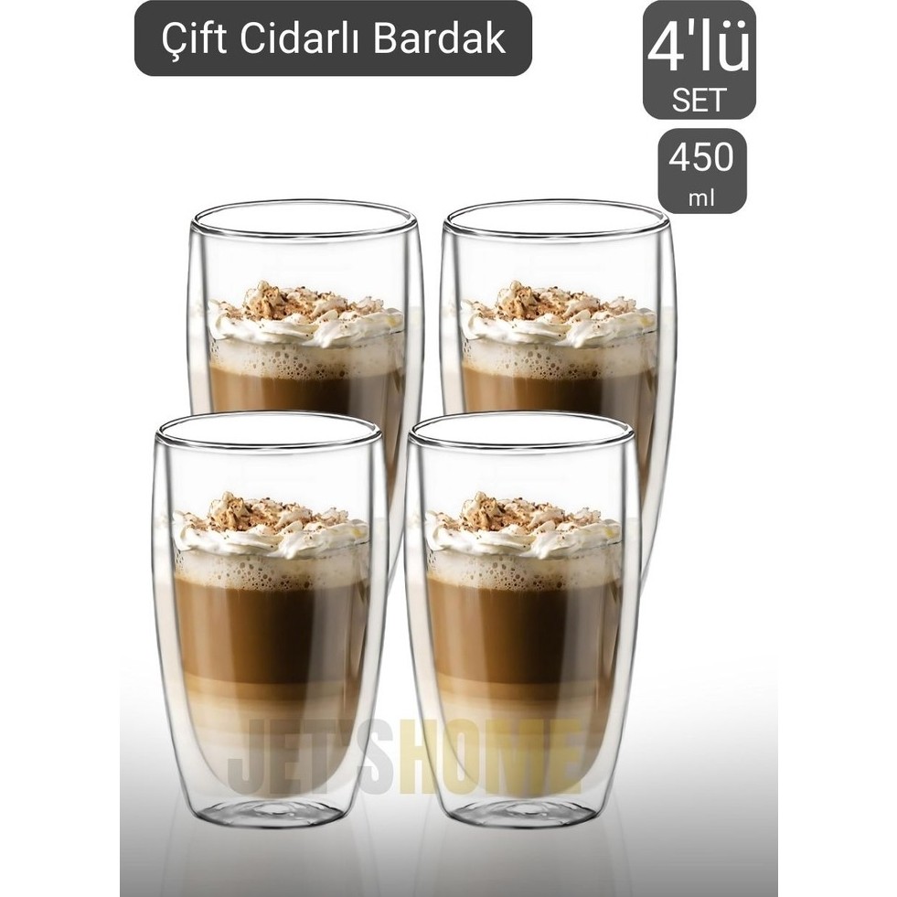 Jet's Home 4’lü Set Büyük Latte Bardağı Cappuccino Bardağı Çift Cidarlı Bardak Americano Bardağı 450 ml - Şeffaf Fincan / Bardak / Kahve Takımı Fiyatı