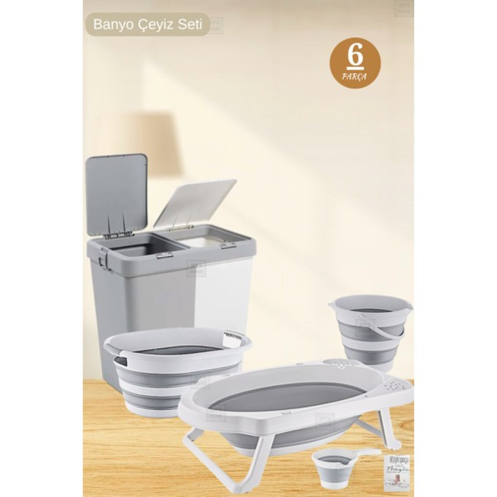 Jet’s Home Çeyiz Seti 80 Lt Kirli Sepeti Çamaşır Selesi Gri Katlanabilir Bebek Küveti, File, Kova ve Maşrapa Sepet Fiyatı