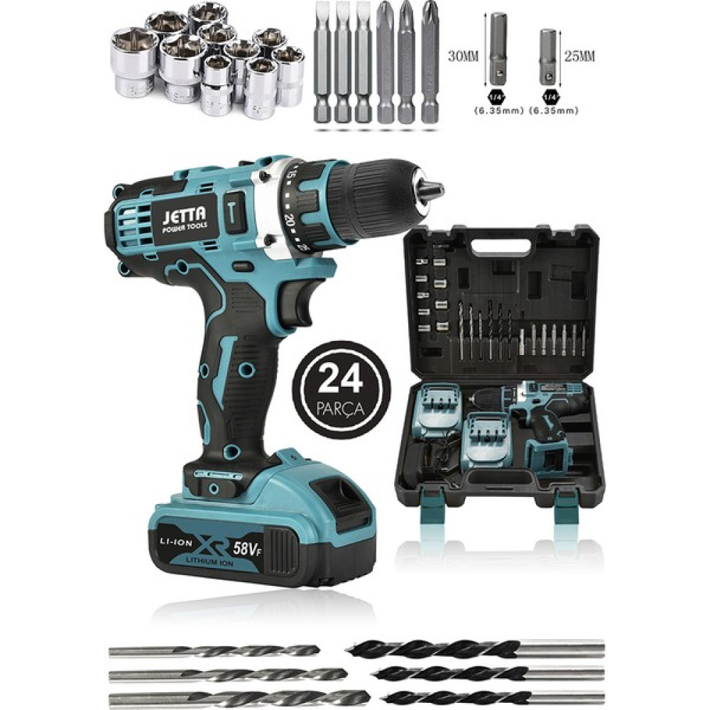 Jetta Power Tools Şarjlı Matkap Vidalama 24 Parça Plastik Mandren Mavi Matkaplar Fiyatı