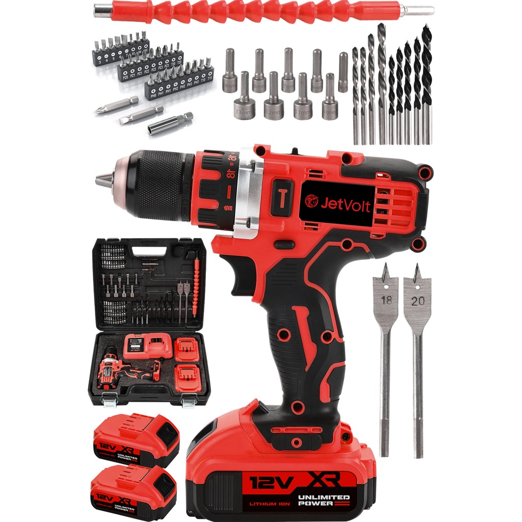 Jetvolt 12V 2.0AH Şarjlı Matkap Metal Şanzıman Bakır Sargılı Çift Akülü 84 Parça Set - Kırmızı Matkaplar Fiyatı