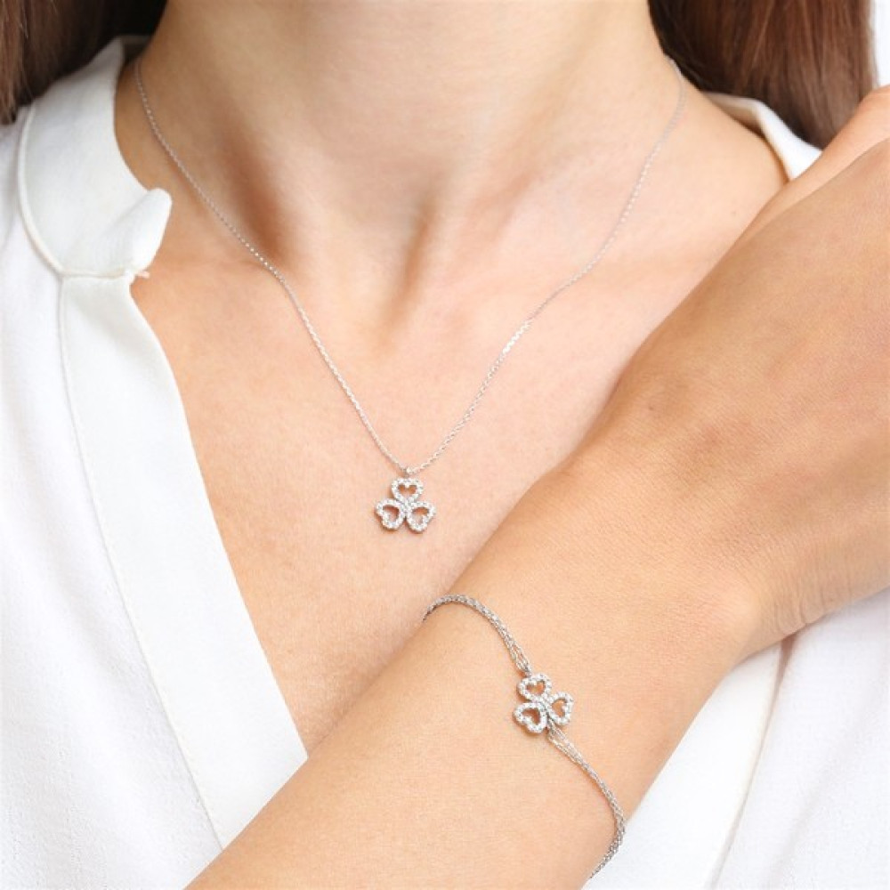 Jewel Pırlanta Montür Tasarım Üçlü Kalp Gümüş Kolye ve Bileklik Ikili Set Gümüş Kolye Fiyatı