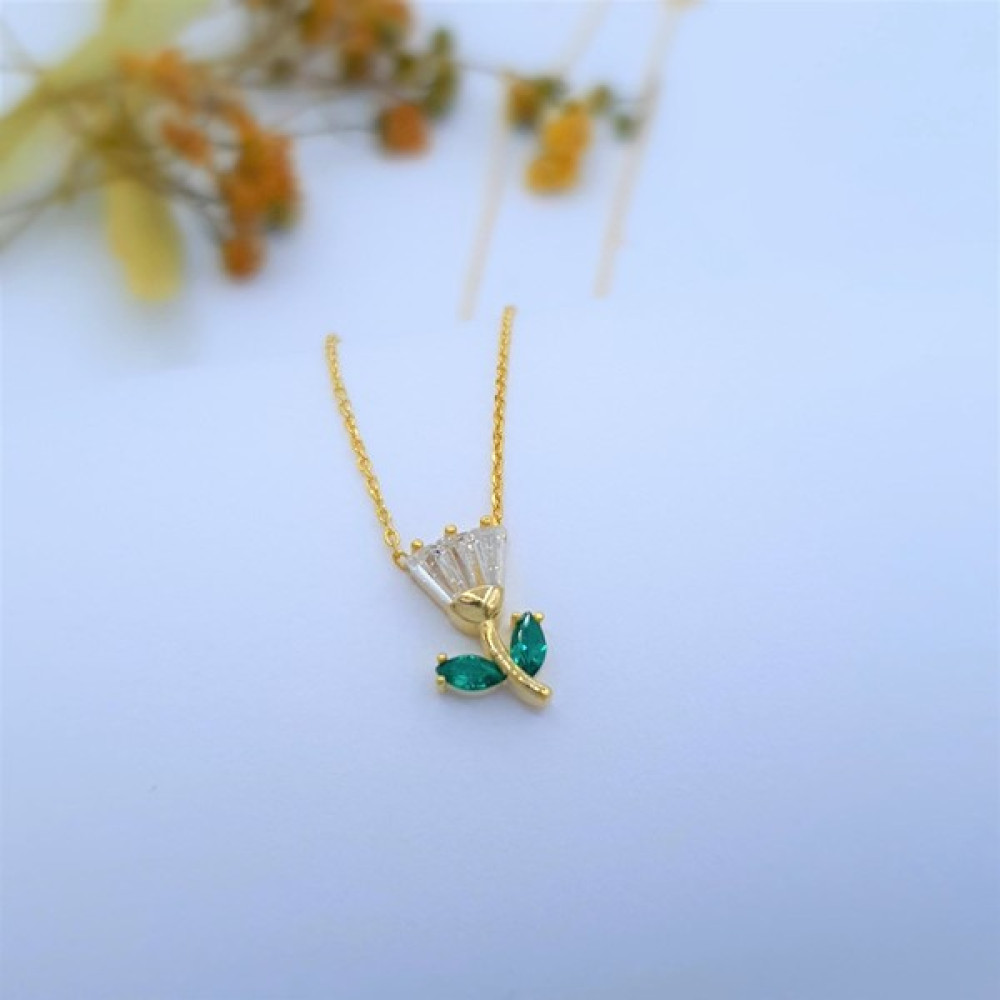 Jewel Zümrüt Baget Taş Gold Renk Çiçek Gümüş Kolye Gümüş Kolye Fiyatı