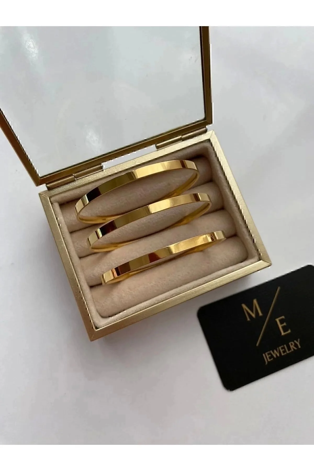 JEWELRY Çelik Gold Detaylı 3’lü Kalın Düz Ajda Bilezik 6.5mm 22 Cm" Çelik Bilezik Fiyatı