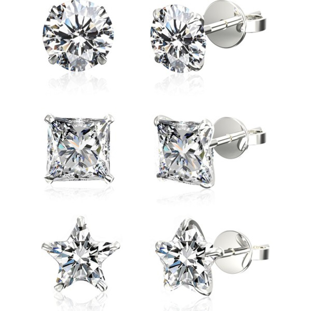 Jewelry For Light 3'lü Set 4 mm Tektaş Yuvarlak Prenses Yıldız Kesim Kübik Zirkon Pimli Gümüş Küpe Gümüş Küpe Fiyatı