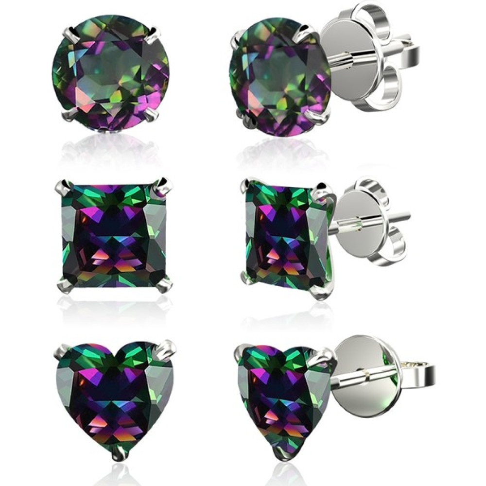Jewelry For Light 3'lü Set Mystic Topaz Yuvarlak Prenses Kalp Kesim Tektaş Kübik Zirkon Pimli Gümüş Küpe 5 mm Gümüş Küpe Fiyatı