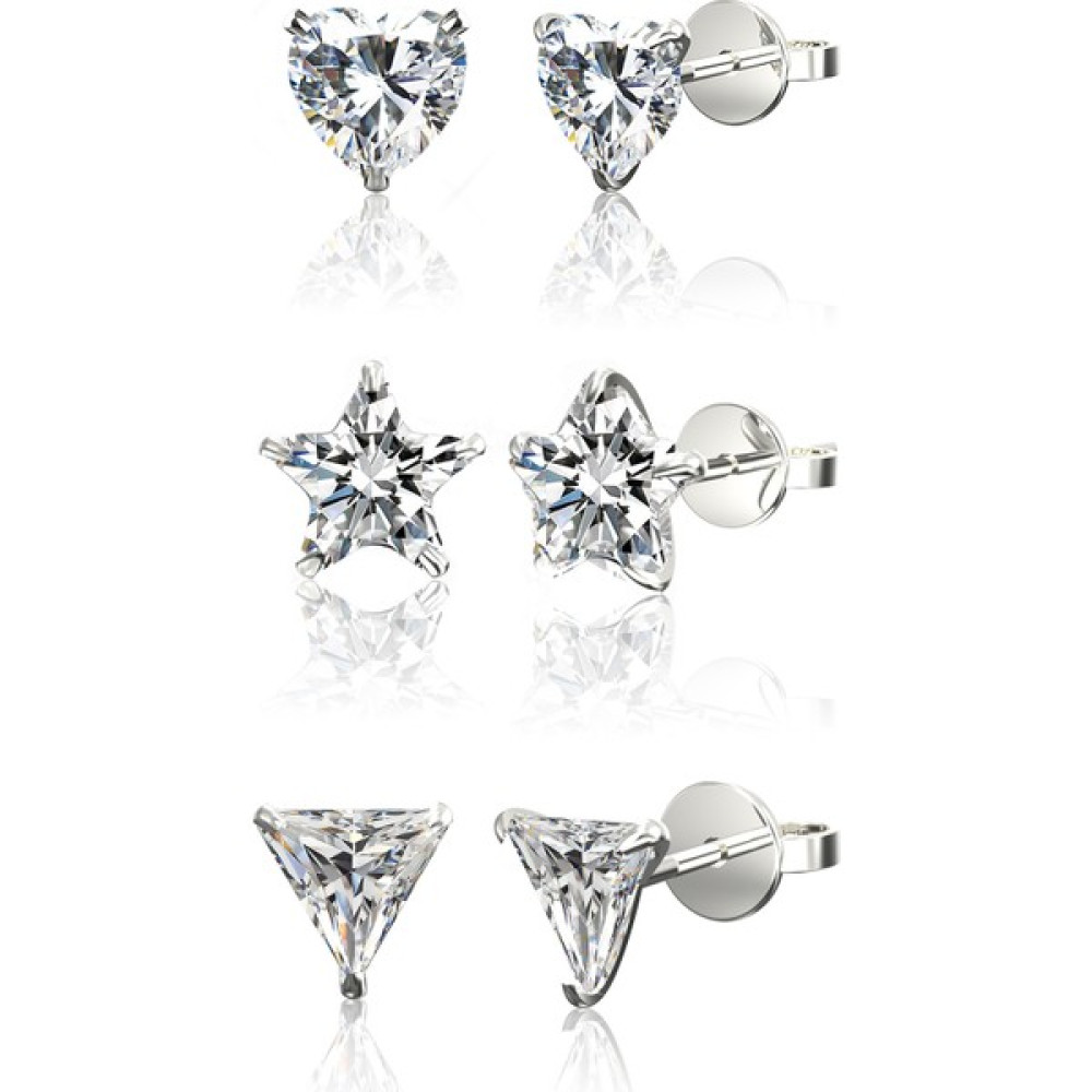 Jewelry For Light 3'lü Set Tektaş Kalp Yıldız Üçgen Kesim Siyah Taşlı Kübik Zirkon Pimli Gümüş Küpe Gümüş Küpe Fiyatı