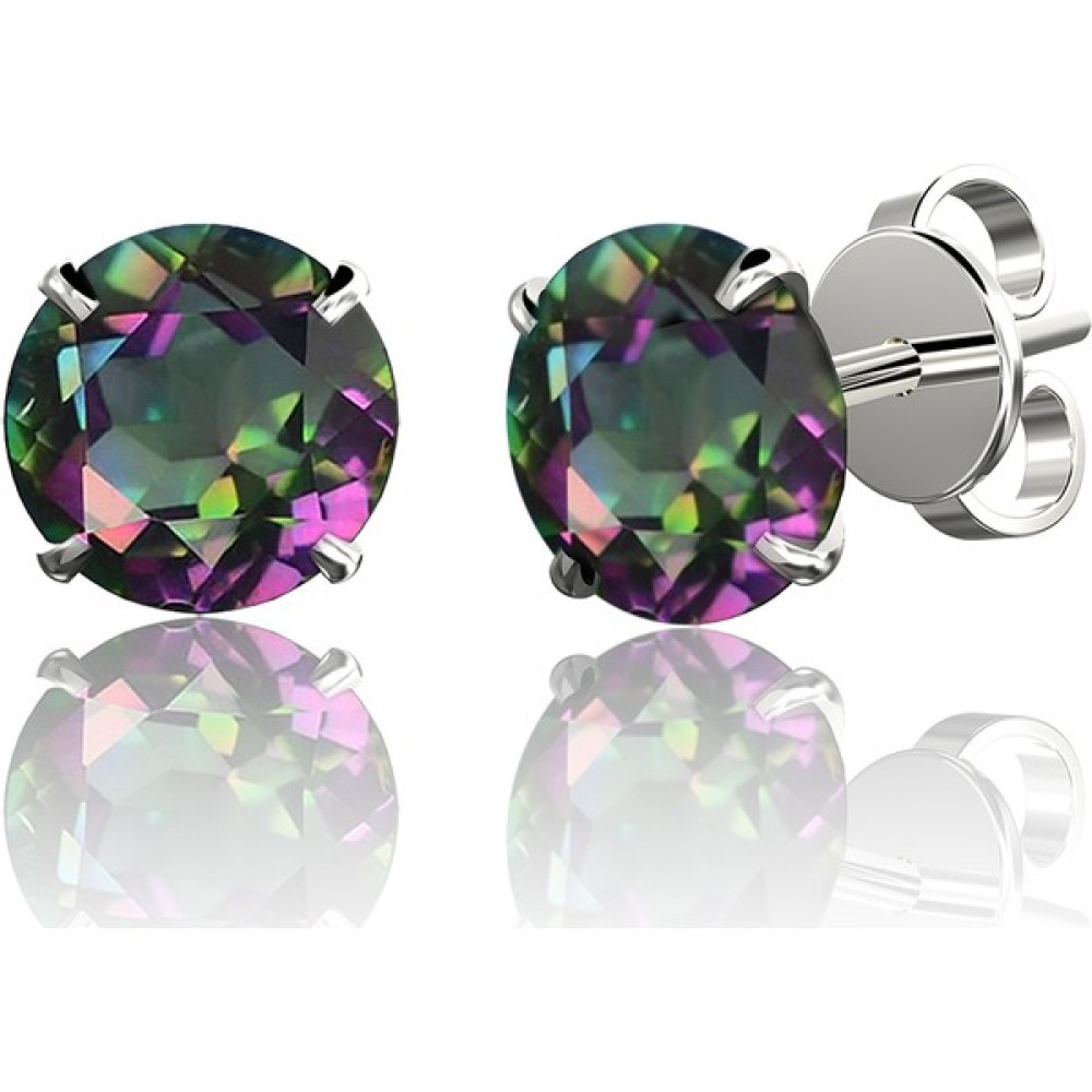 Jewelry For Light 4mm Mystic Topaz Yuvarlak Kesim (Round-Brilliant Cut) Tektaş Zirkon Pimli Gümüş Küpe Gümüş Küpe Fiyatı