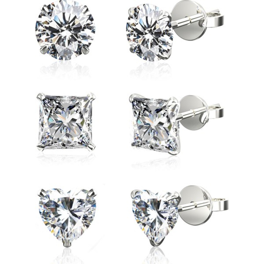 Jewelry For Light Tektaş Yuvarlak - Prenses - Kalp Kesim Kübik Zirkon Pimli Gümüş Küpe 3'lü Set 4 mm Gümüş Küpe Fiyatı