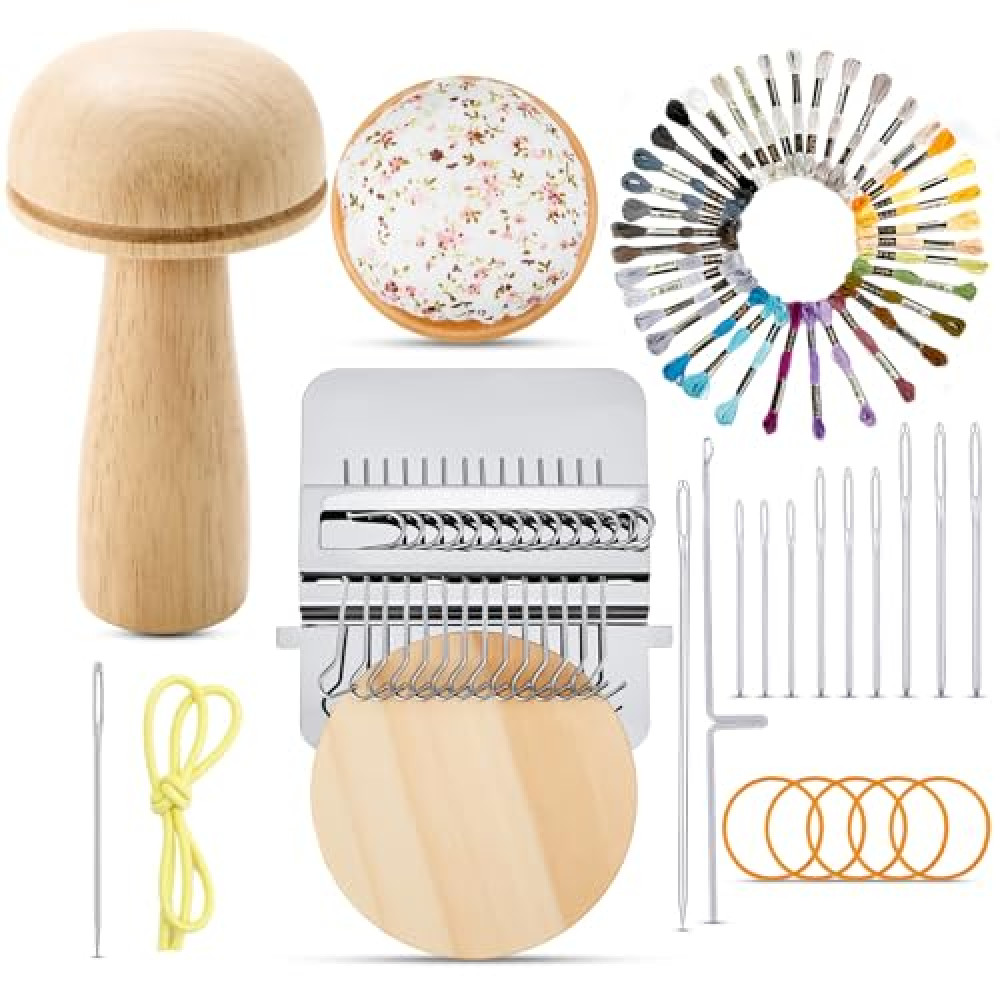 Jexine Mini Darning Mushroom for Socks 14 Hooks Small Speedweve Style Weaving Darning Loom with 9 Pcs Large Eye Needles 50 Colors Thread for Handcraft DIY Weaving Repair Tool