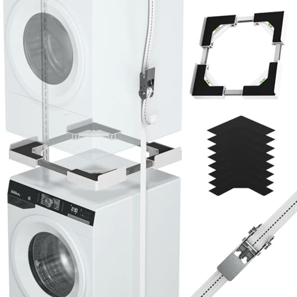 JHCHU Washer Dryer Stacking Kit, Universal Stacking Kit for Washer and Dryer, Adjustable Frame for 29 ", 28 ", 27 ", 26 ", 25 ", 24" Stackable Washer and Dryer Stacking with Ratchet Strap (White)