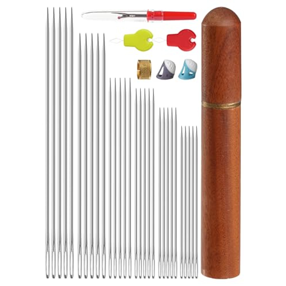 JIBENGAO 30 PCS Hand Sewing Needles Large Eye Hand Sewing Kit, 6 Sizes Hand Embroidery Needles for Mending, DIY Crafts Needles for Hand Sewing – Includes Threaders & Thimble for Easy Sewing