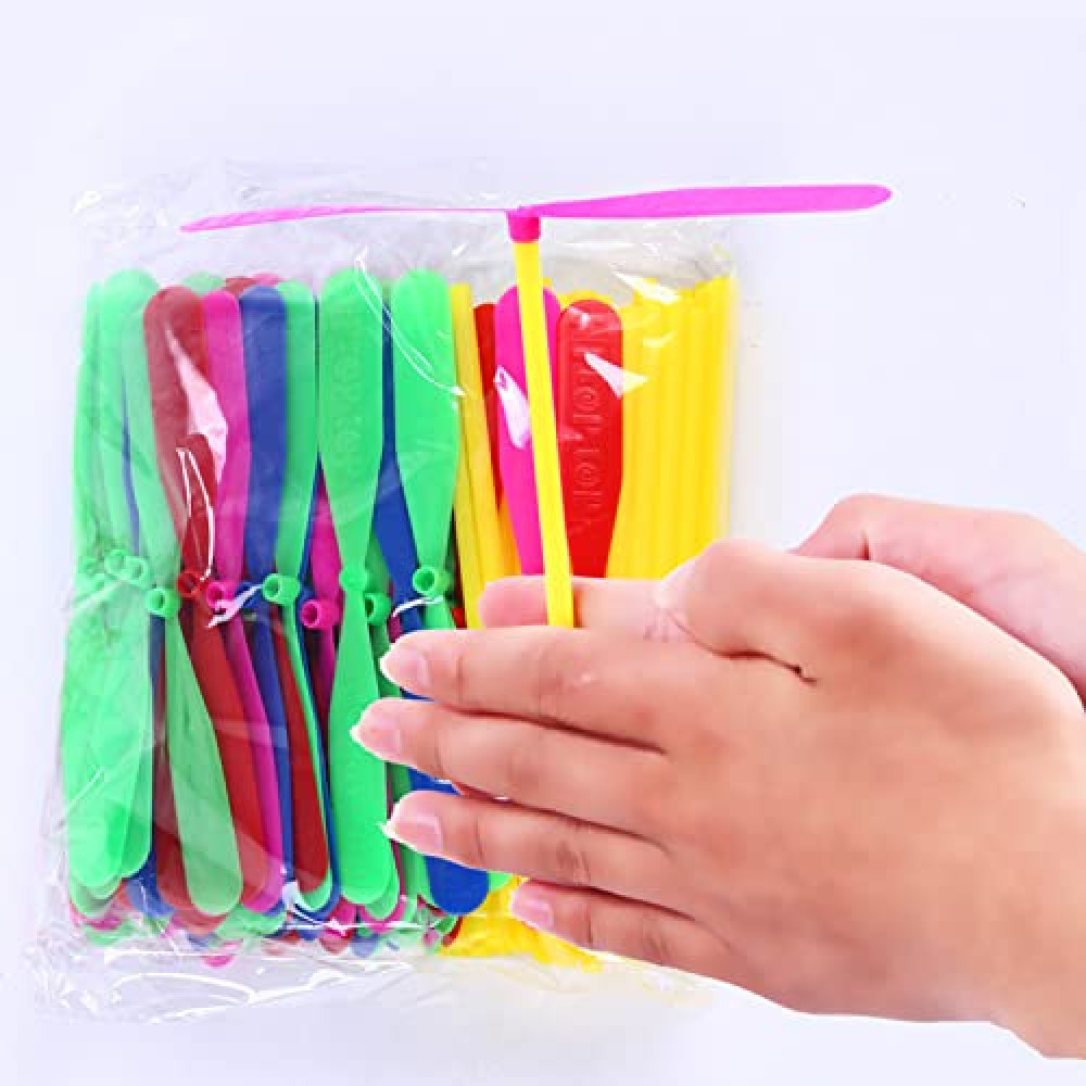 JIEOU 100 Pieces of Flying Hand Helicopter Toy Set, 50 Propellers+ 50 Rods, Bamboo Dragonfly Hand Rubbing Plastic Propeller