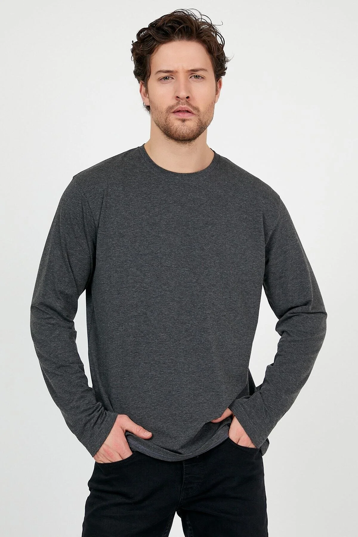 Jim Poweel Erkek Antrasit Uzun Kollu Likralı Basic T-shirt M Beden" Bayan T-shirt Fiyatı