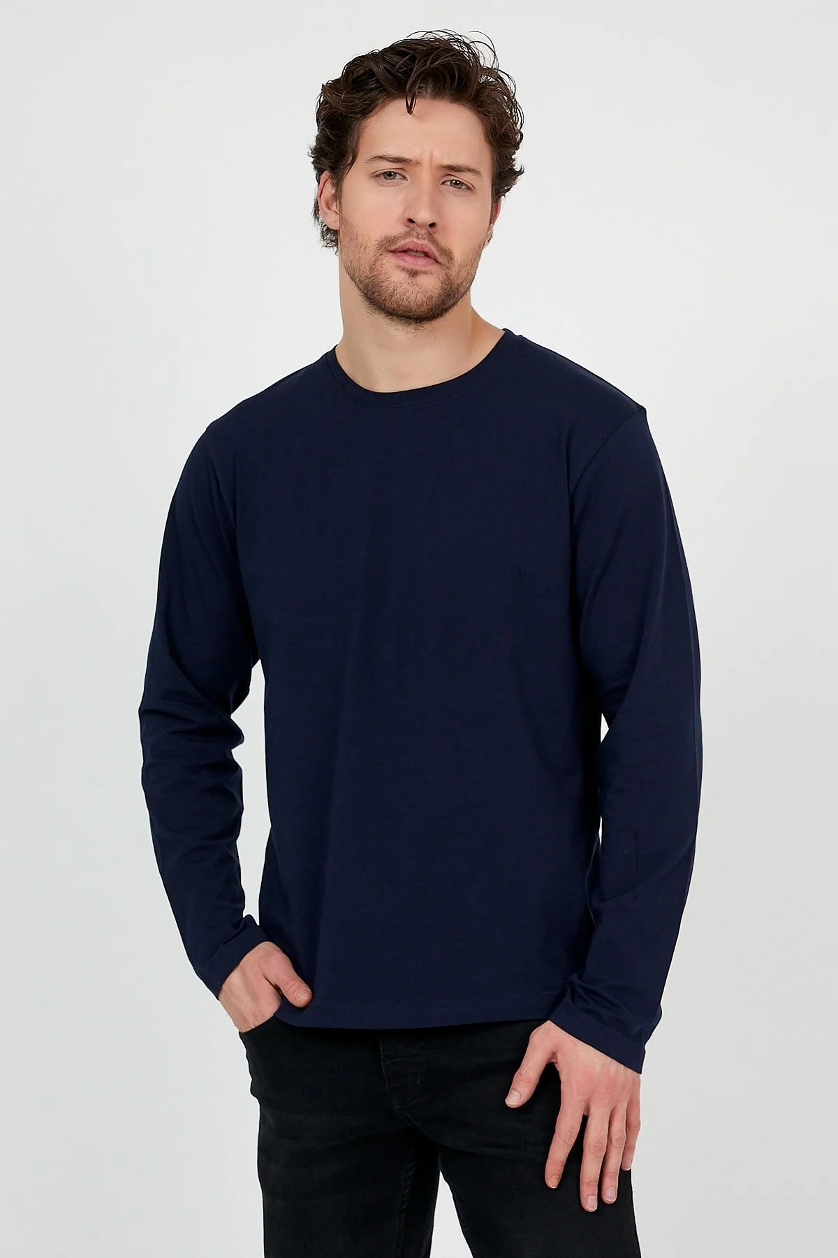 Jim Poweel Erkek Lacivert Uzun Kollu Likralı Basic T-shirt 2XL Beden" Bayan T-shirt Fiyatı