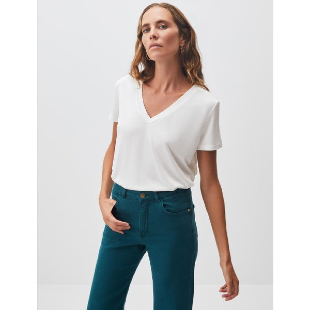 Jimmy Key Beyaz Düz Kesim V Yaka Kısa Kollu Örme Basic Tişört Bayan T-shirt Fiyatı