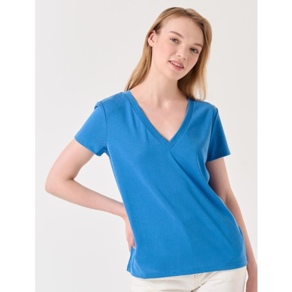 Jimmy Key Elektrik Mavisi Düz Kesim V Yaka Kısa Kollu Örme Basic Tişört Bayan T-shirt Fiyatı