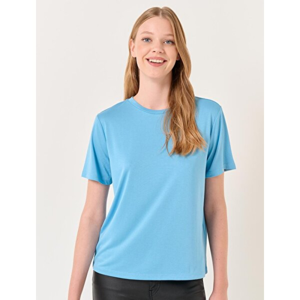 Jimmy Key Gök Mavisi Düz Kesim Bisiklet Yaka Kısa Kollu Basic Tişört Bayan T-shirt Fiyatı