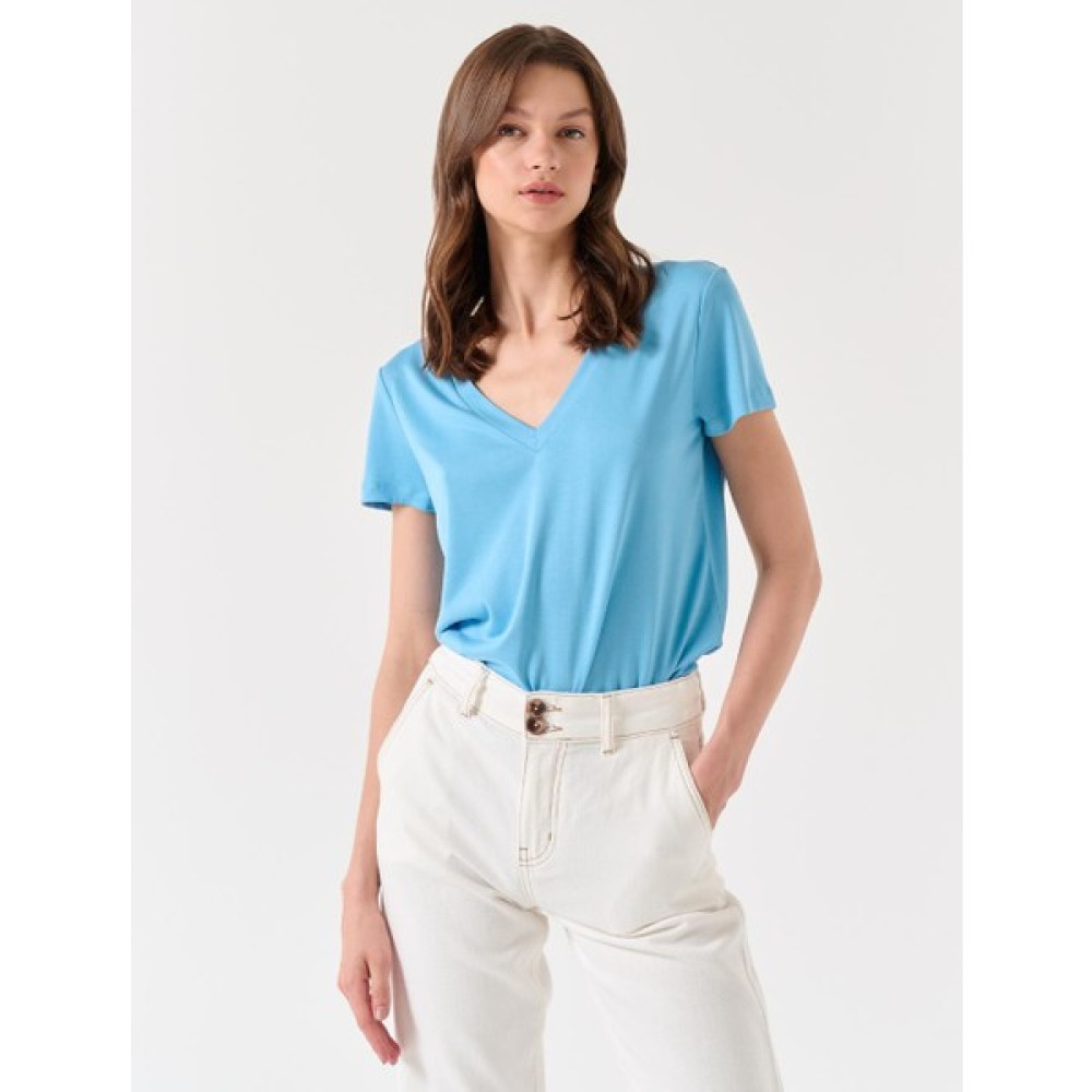 Jimmy Key Gök Mavisi Düz Kesim V Yaka Kısa Kollu Örme Basic Tişört Bayan T-shirt Fiyatı
