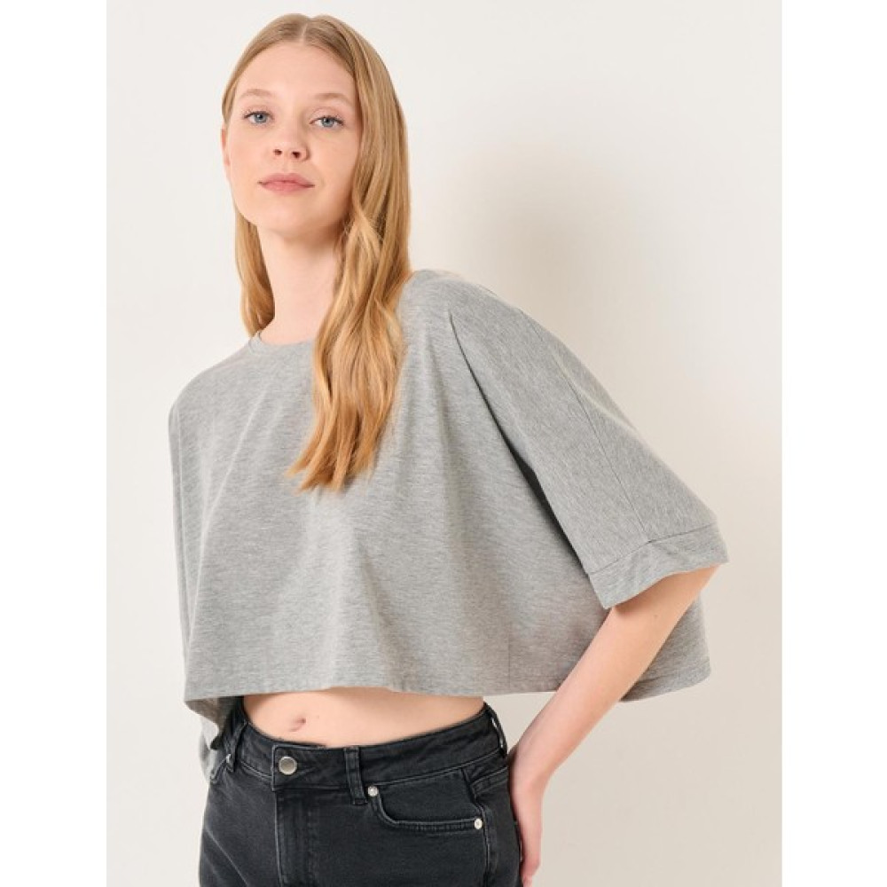 Jimmy Key Gri Melanj Kısa Kollu Basic Crop Tişört Bayan T-shirt Fiyatı