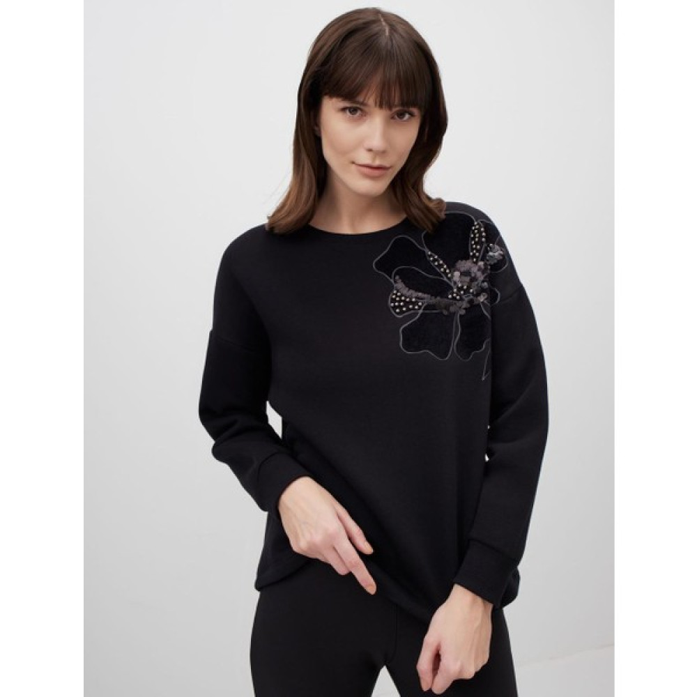 Jimmy Key Siyah Bisiklet Yaka Uzun Kollu Çiçek Baskılı Sweatshirt Bayan Sweatshirt Fiyatı
