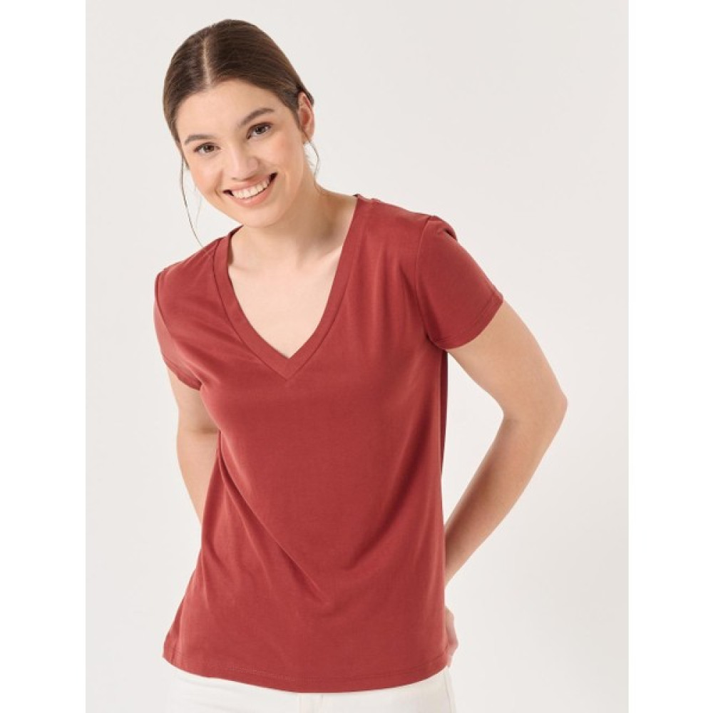 Jimmy Key Tarçın Düz Kesim V Yaka Kısa Kollu Örme Basic Tişört Bayan T-shirt Fiyatı
