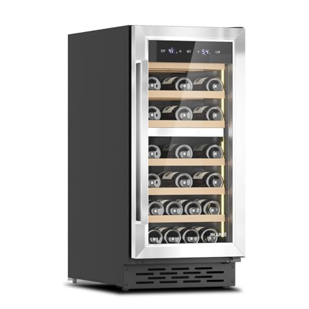 JINJUNYE 15Inch Wine Cooler Refrigerator, Dual Zone 33Bottle Wine Fridge Temp Control, Built-in or Freestanding Wine Fridge for Red, White, Champagne, Sparkling Wine for Home Office Stainless Steel