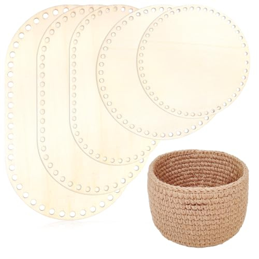 JIYIN Wooden Basket Bottom, 5 PCS 5 Sizes Oval Circle Blank Solid Crochet Wood Base for DIY Weaving Supplies Craft Making Home Decoration