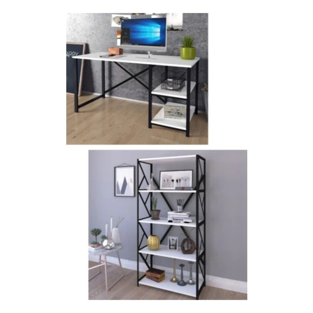 Jiyo Bilgisayar Masası ve 5 Raflı Metal Kitaplık Set Çalışma Masası Laptop Ofis Masası Beyaz - 150x50x25 Çalışma Masası Fiyatı