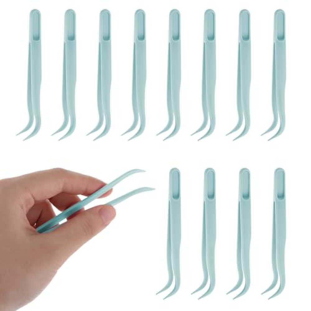 JJUNW 12Pcs Plastic Tweezers, Long 4.5 Inch Bent Tweezers for Kids DIY Jewelry Making Crafts for Baking Decoration, Feeding reptiles, Disposable Stickers Tweezers(Blue)