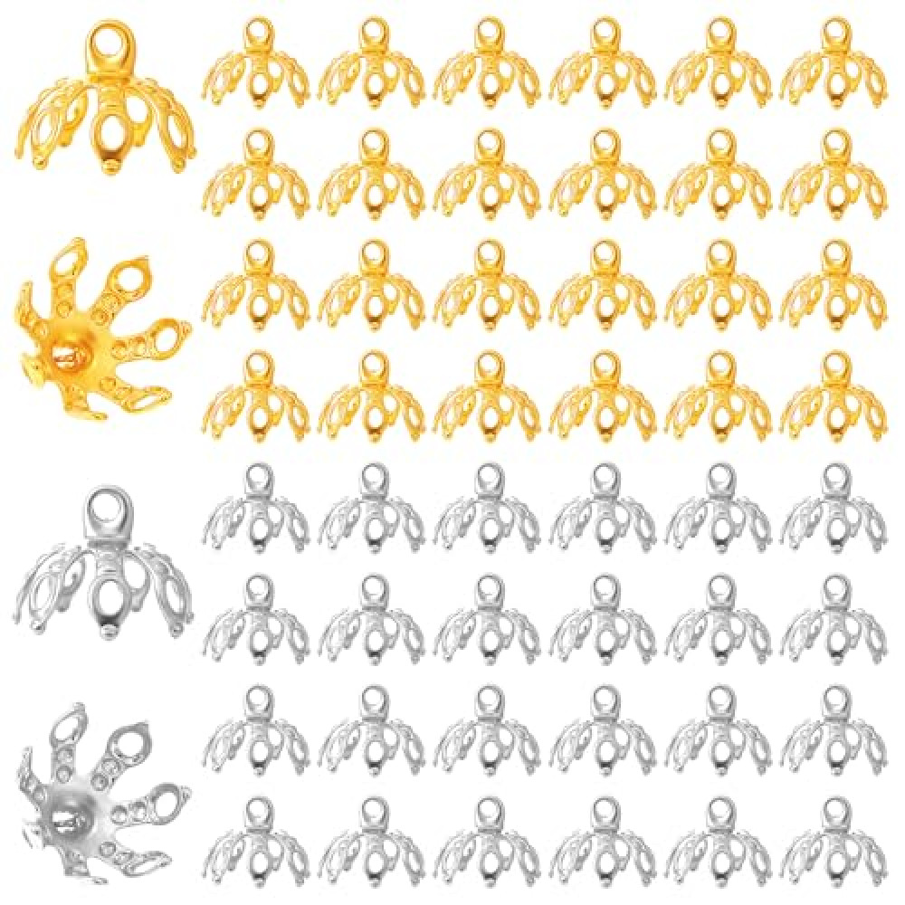JJUNW 50 Pcs Flower Bead Caps, Ornament Caps Metal Beads End Caps with 7 Prong, Gold and Silver Jewelry End Caps Caps Toppers for Bracelets, DIY, Crafts, Jewelry Making
