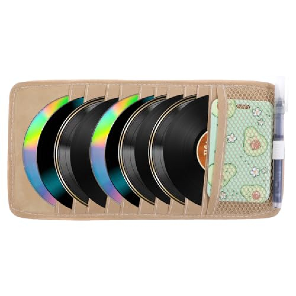 JJUNW Car CD Holder Storage Case, Car CD Case Holder, Car Truck SUV Visor Organizer, Khaki Large Capacity CD Visor Case with 10 DVD Storage Sleeves 1 Mesh Pocket 1 Pen Holder Elastic Strap