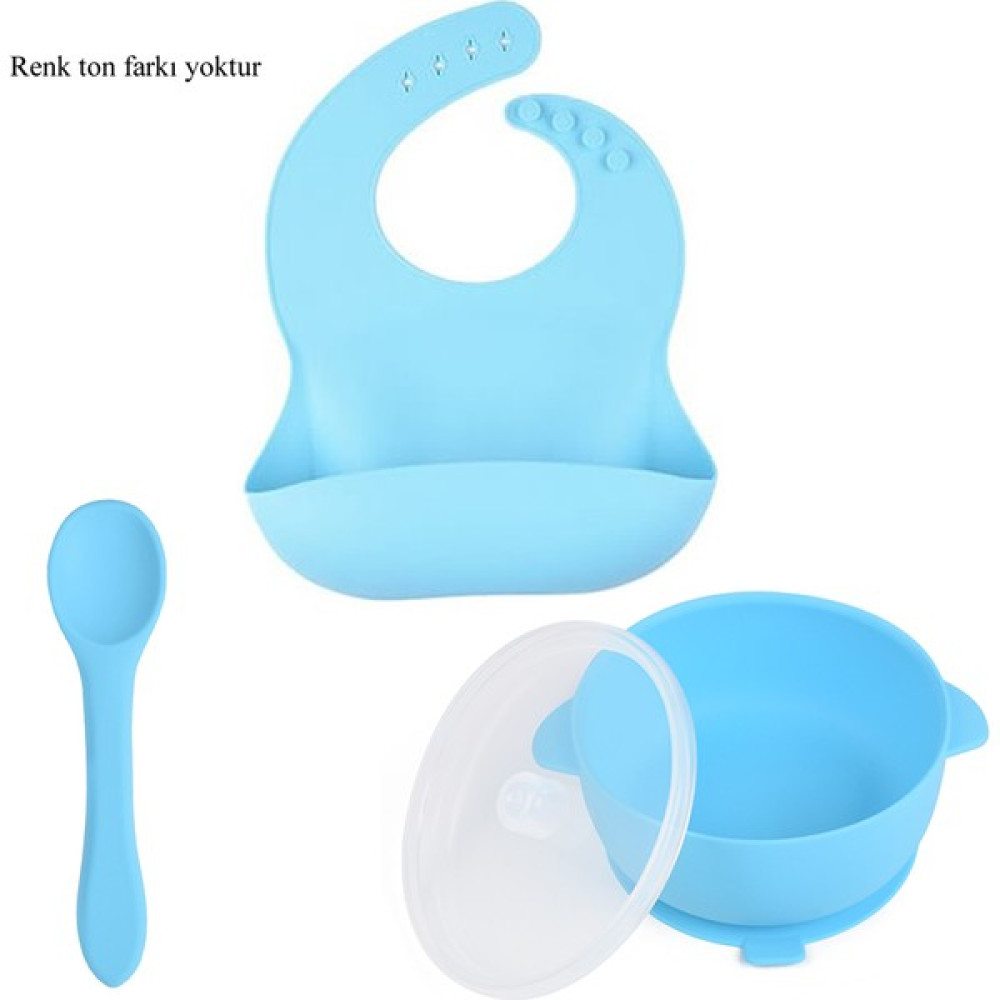 Jojo Silikon Beslenme Seti Silikon Vakumlu Kapaklı Mama Kase , Silikon Önlük, Silikon Kaşık (Mavi Renk) - Mavi Mama Seti Fiyatı