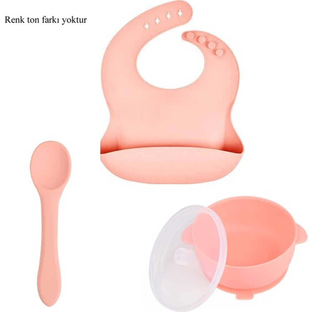 Jojo Silikon Beslenme Seti Silikon Vakumlu Kapaklı Mama Kase , Silikon Önlük, Silikon Kaşık (Pembe Renk) - Pembe Mama Seti Fiyatı