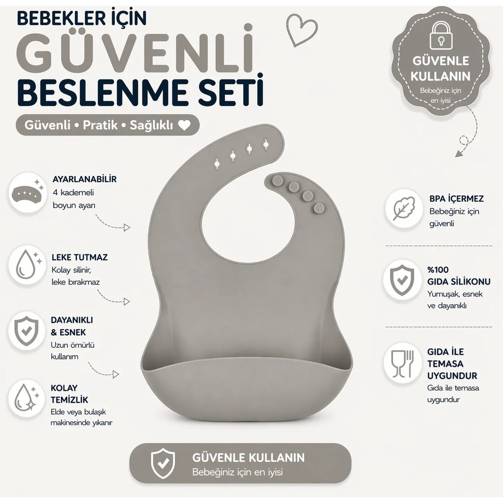 Jojobebek Çocuk Silikon Mama Önlüğü (Gri Renk) - Gri Mama Seti Fiyatı