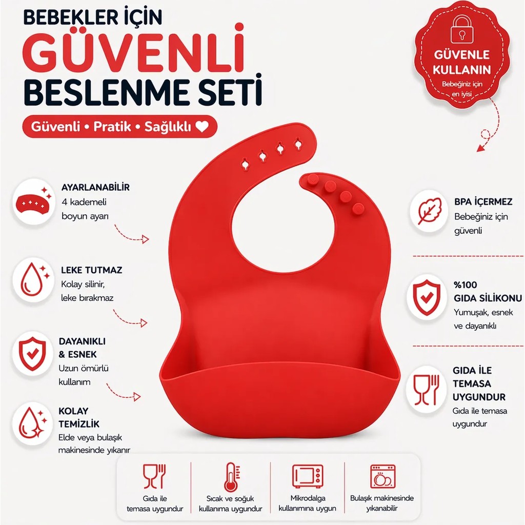 Jojobebek Çocuk Silikon Mama Önlüğü (Kırmızı Renk) - Kırmızı Mama Seti Fiyatı