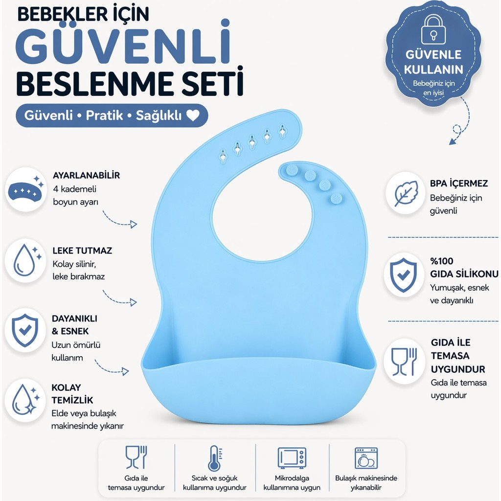 Jojobebek Çocuk Silikon Mama Önlüğü (Mavi Renk) - Mavi Mama Seti Fiyatı