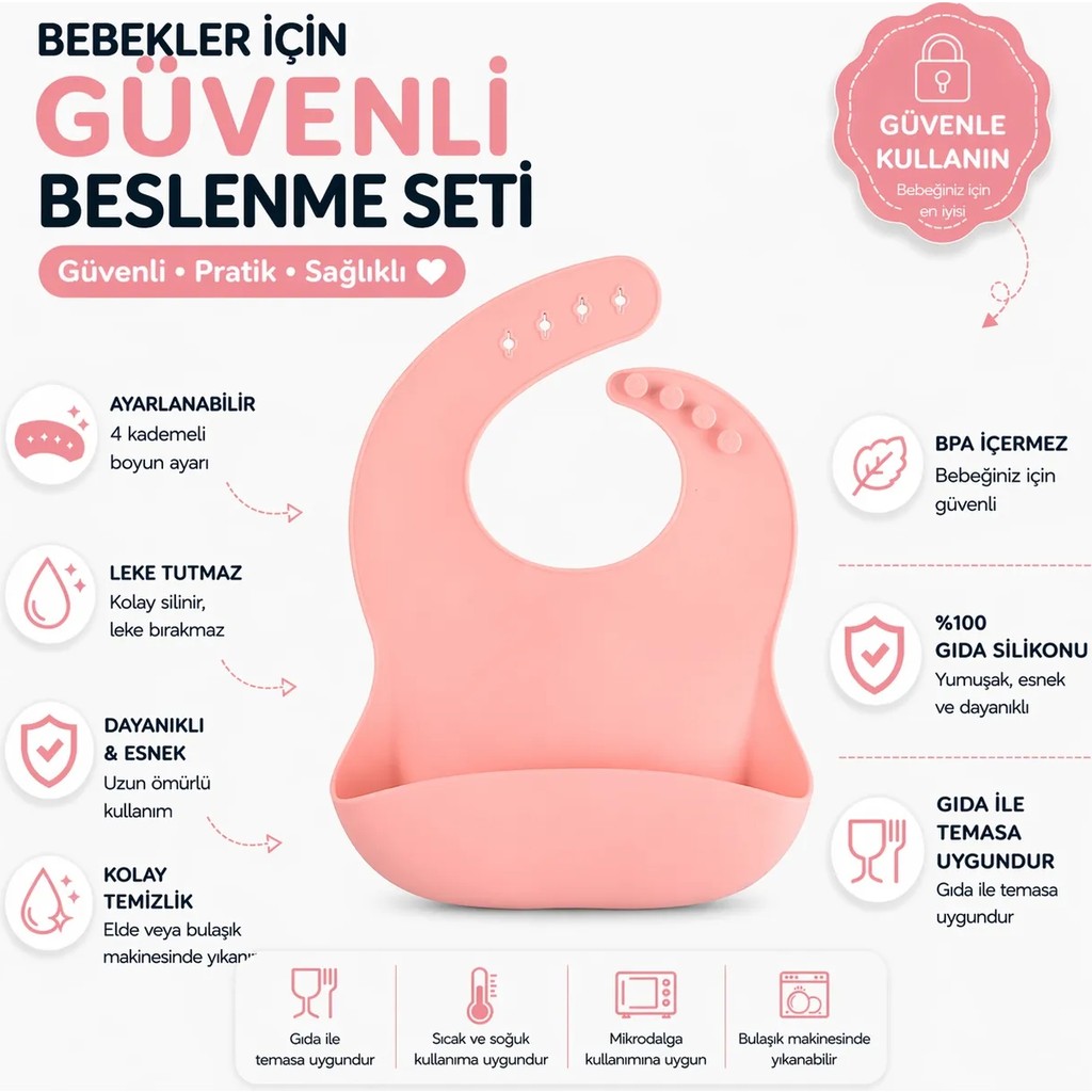 Jojobebek Çocuk Silikon Mama Önlüğü (Pembe Renk) - Pembe Mama Seti Fiyatı
