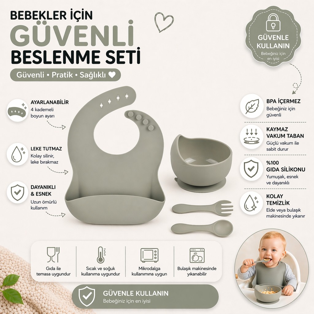 Jojobebek Çocuk Silikon Mama Önlüğü, Silikon Vakumlu Kase, Silikon Kaşık ve Çatal / Gri Çatal / Kaşık / Bıçak Takımları Fiyatı