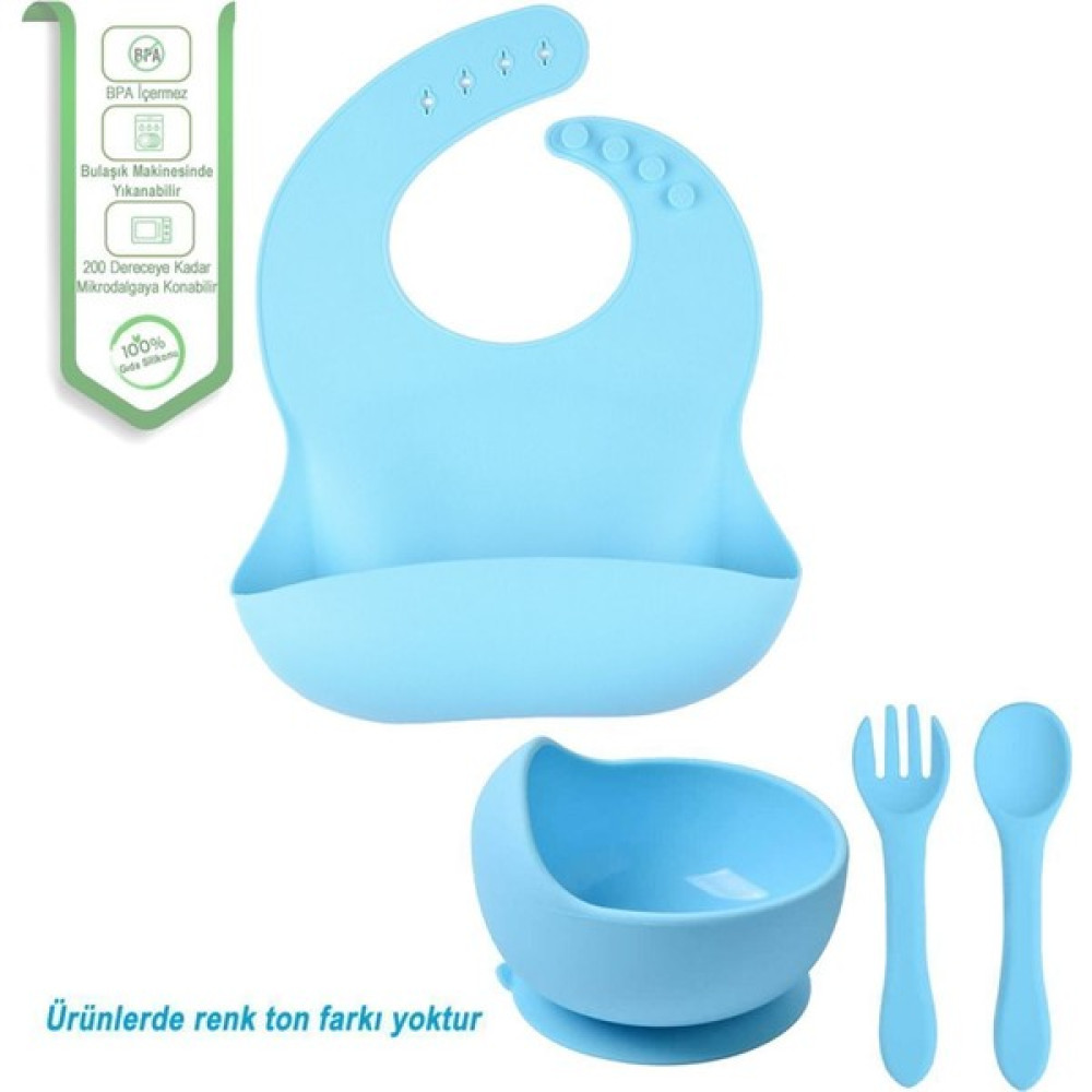 Jojobebek Çocuk Silikon Mama Önlüğü, Silikon Vakumlu Kase, Silikon Kaşık ve Çatal / Mavi Mama Seti Fiyatı