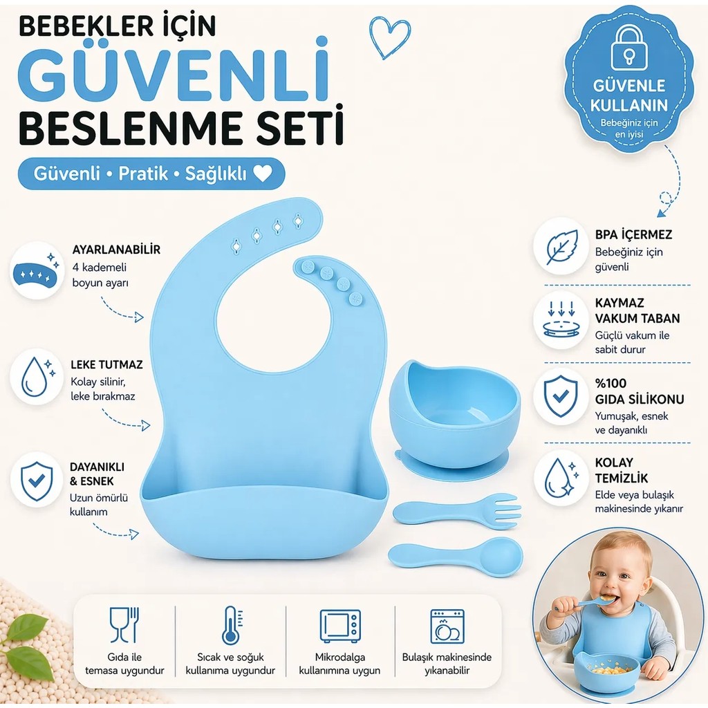 Jojobebek Çocuk Silikon Mama Önlüğü, Silikon Vakumlu Kase, Silikon Kaşık ve Çatal / Mavi Çatal / Kaşık / Bıçak Takımları Fiyatı
