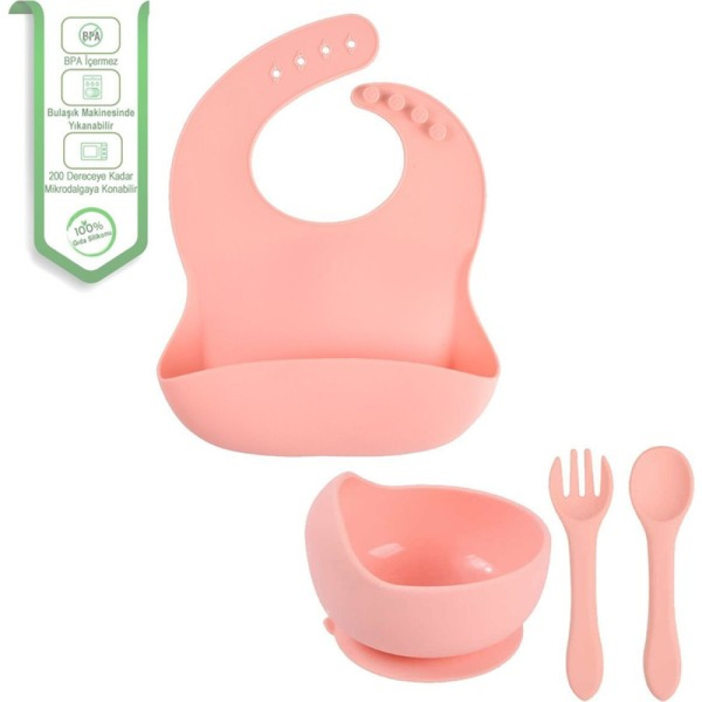 Jojobebek Çocuk Silikon Mama Önlüğü, Silikon Vakumlu Kase, Silikon Kaşık ve Çatal / Pembe Mama Seti Fiyatı