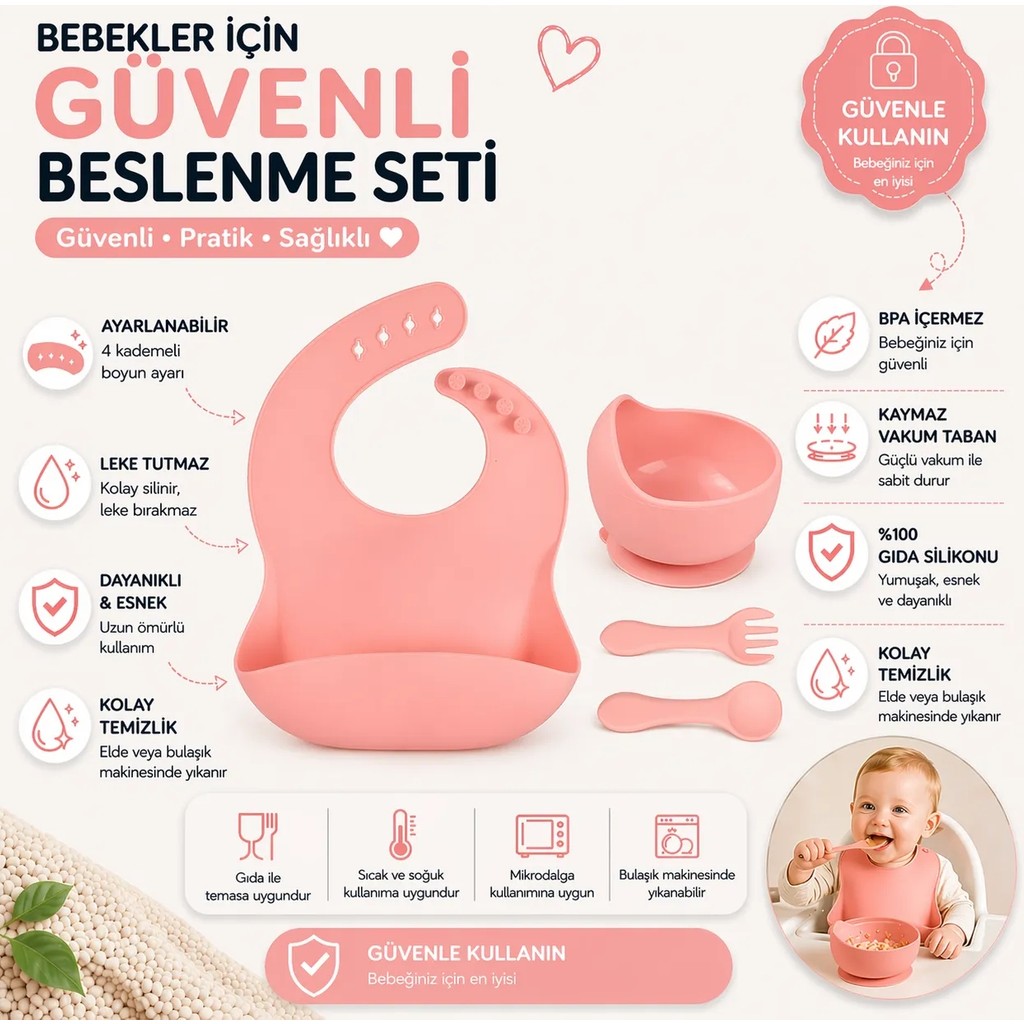 Jojobebek Çocuk Silikon Mama Önlüğü, Silikon Vakumlu Kase, Silikon Kaşık ve Çatal / Pembe Çatal / Kaşık / Bıçak Takımları Fiyatı