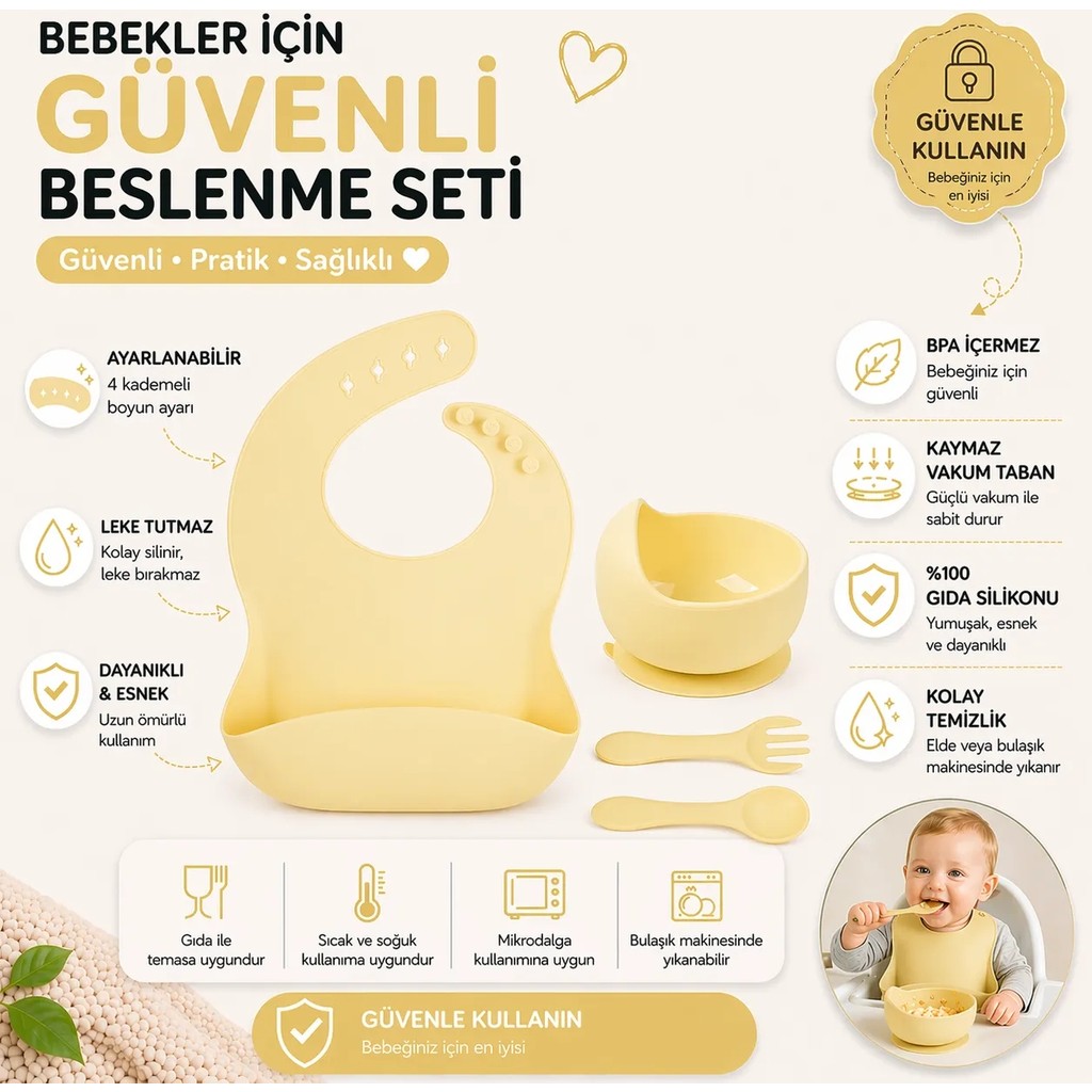 Jojobebek Çocuk Silikon Mama Önlüğü, Silikon Vakumlu Kase, Silikon Kaşık ve Çatal / Sarı Çatal / Kaşık / Bıçak Takımları Fiyatı