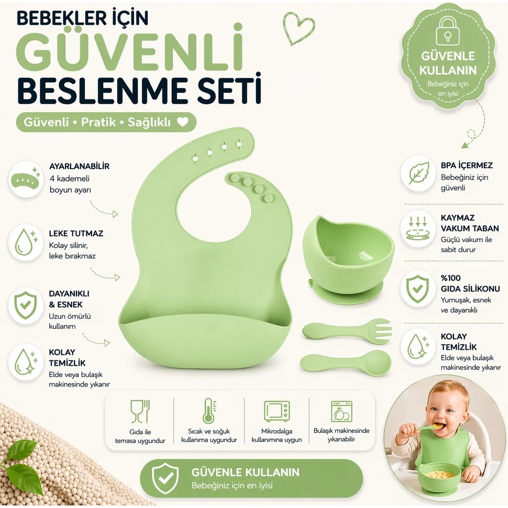 Jojobebek Çocuk Silikon Mama Önlüğü, Silikon Vakumlu Kase, Silikon Kaşık ve Çatal / Yeşil Çatal / Kaşık / Bıçak Takımları Fiyatı