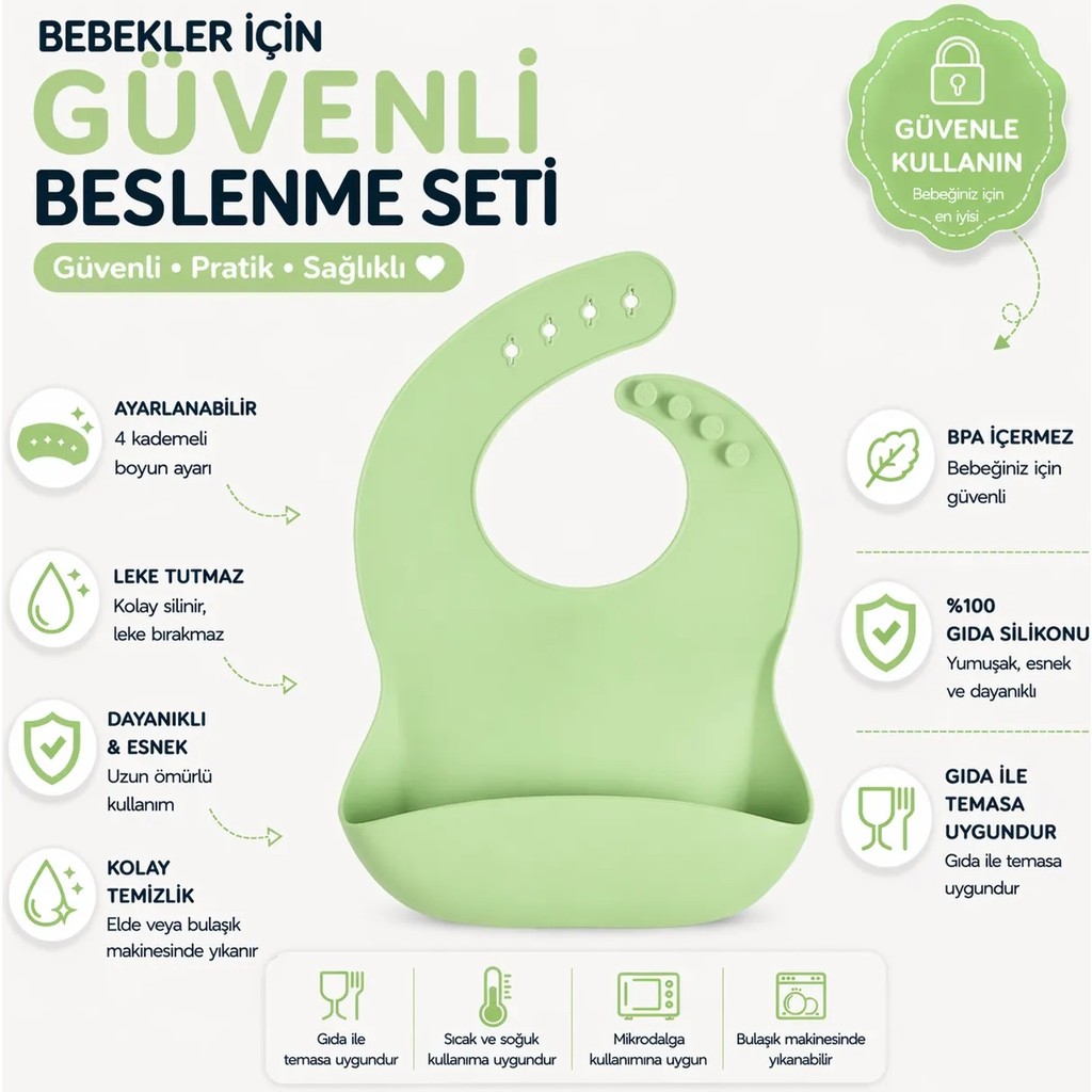 Jojobebek Çocuk Silikon Mama Önlüğü (Yeşil Renk) - Yeşil Mama Seti Fiyatı