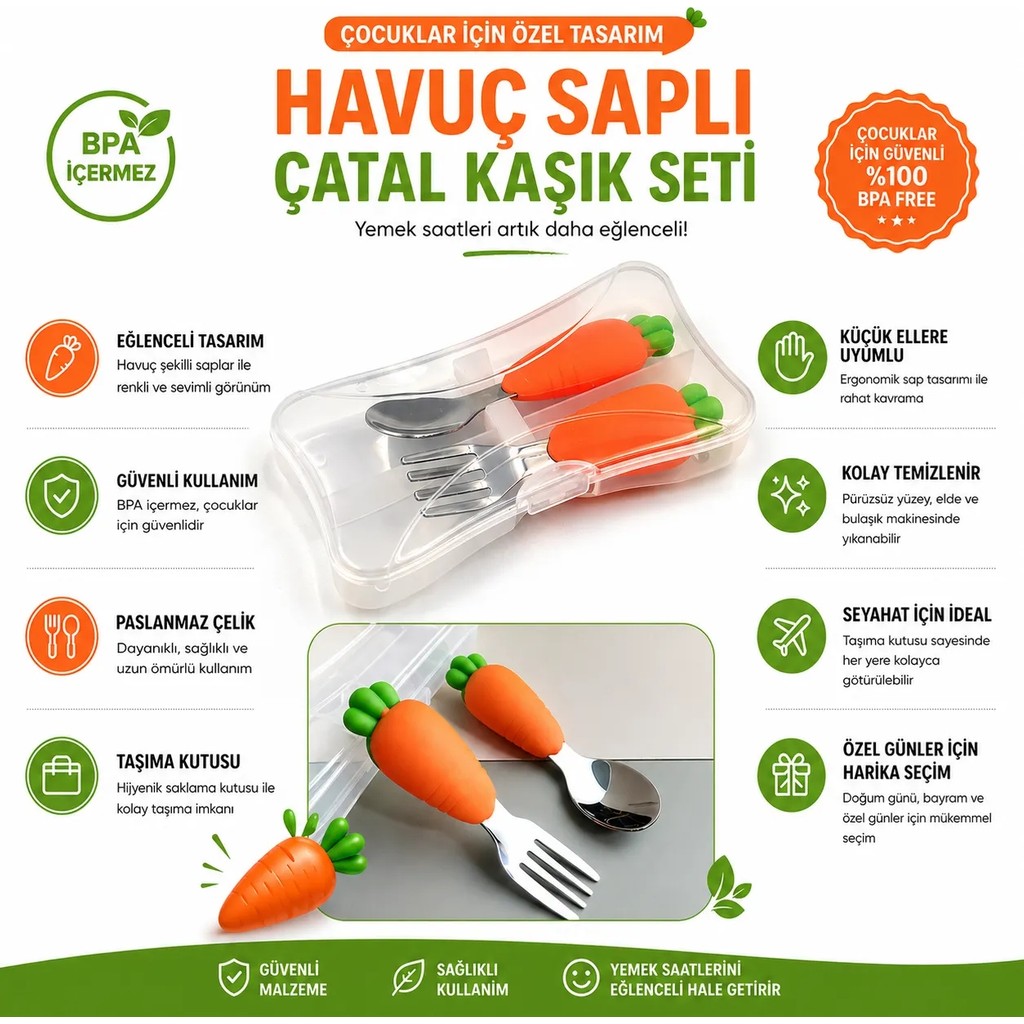 Jojobebek Çocuk Silikon Saplı Paslanmaz Çelik Uçlu Çatal ve Kaşığı + Saklama Kutusu (Havuç Figürlü) Mama Seti Fiyatı